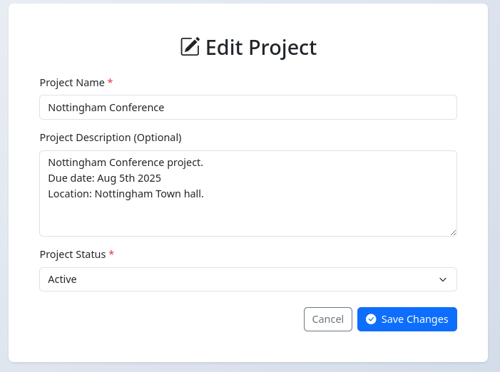 PracticalCRM Edit Project form showing fields for name, description, and status