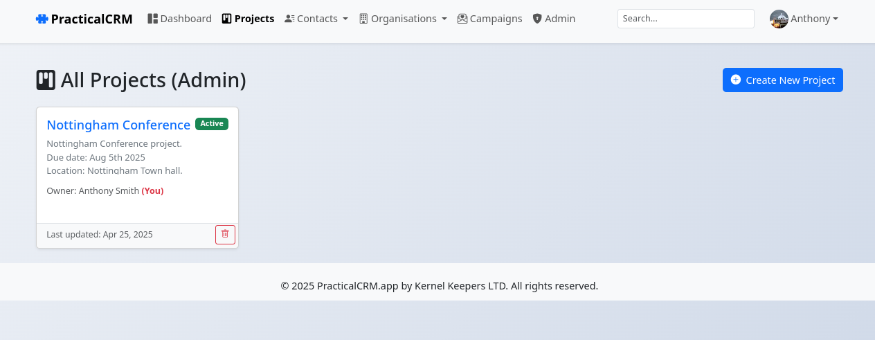 PracticalCRM Projects list page showing project cards