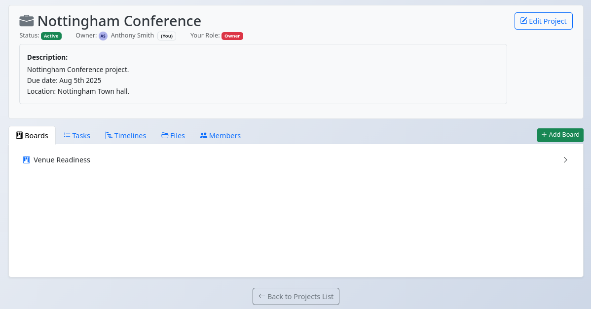 Top section of the View Project page showing header information and tabs