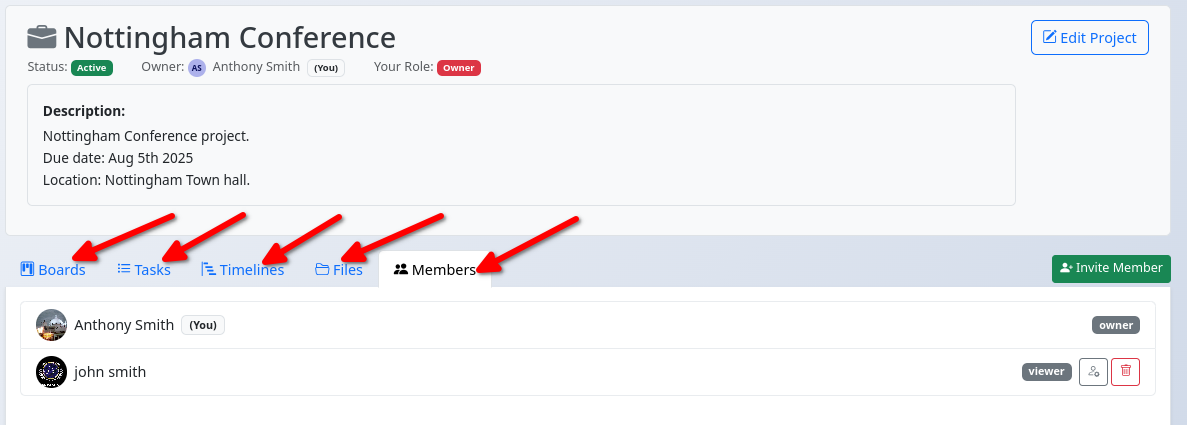 View Project page highlighting the different content tabs: Boards, Tasks, Timelines, Files, Members