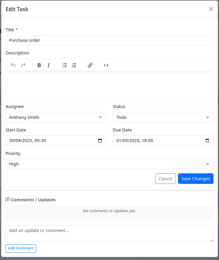 Edit Task modal window pre-filled with task data