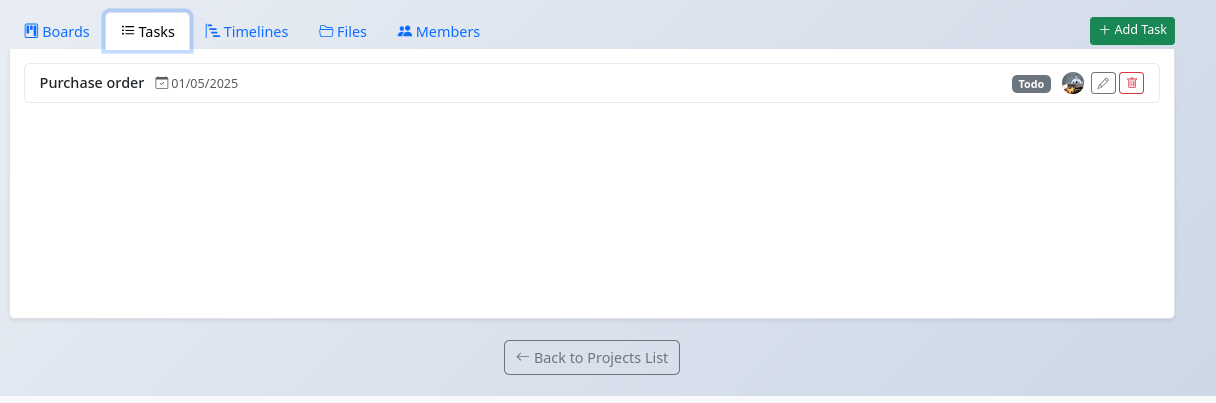 Tasks tab within a project showing list of tasks, status, assignee, and actions