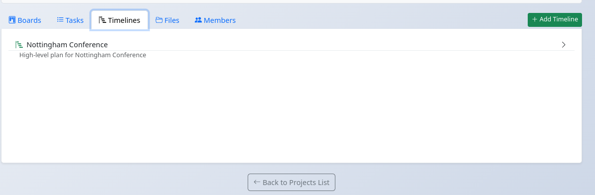 Timelines tab in Project view showing list of available timelines