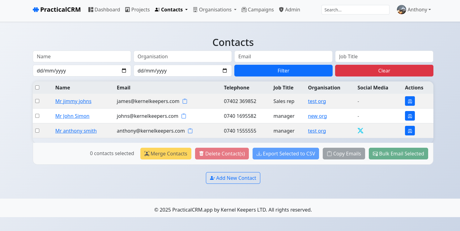 PracticalCRM Contact View showing details and interactions