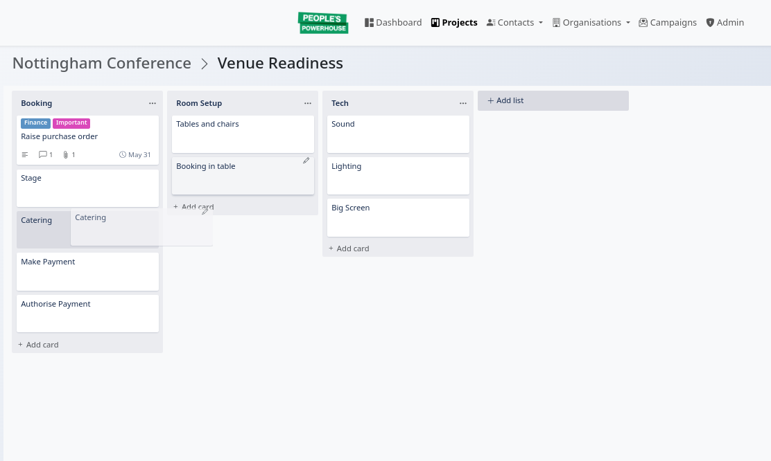 PracticalCRM Kanban Board view showing cards and lists