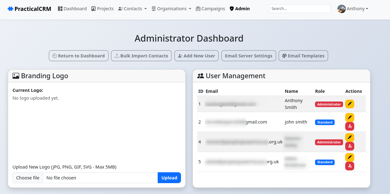 PracticalCRM Admin Settings Area